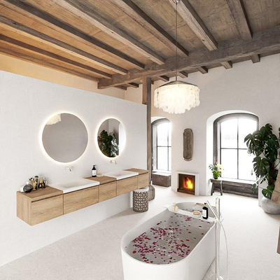 MONDIAZ BUKLA 240cm ensemble de meuble avec module 40 couleur Chêne blanchi avec 5 tiroirs. Lavabo CLOUD double 0 trou de robinet couleur Talc.