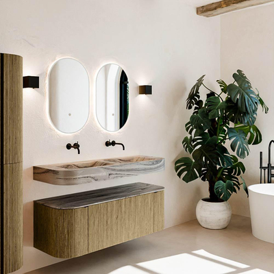 MONDIAZ THOR-DLUX 130cm meuble de salle de bains arrondi gauche + droite couleur Dusk avec 1 tiroir et 2 portes. Vasque suspendue CLOUD Double sans trou de robinet couleur Sombra.