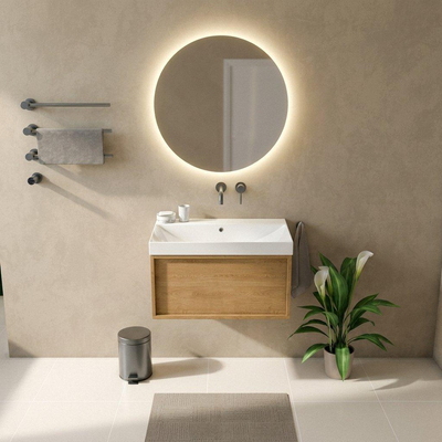 Saniclass Holz Frame Ensemble de meubles de salle de bains - 80x45x47.5cm - Wave lavabo en céramique - 1 vasque - sans trou de robinetterie - 1 tiroir - chêne naturel mat (bois)