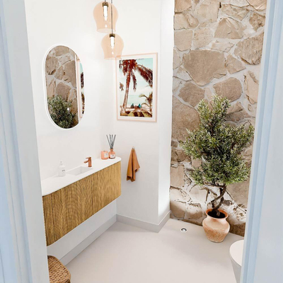 Mondiaz JOYA 113.2cm toiletmeubel - ronding links en rechts kleur Oak - Wastafel FAYE positie Midden 1 kraangat kleur Talc.