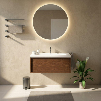 Saniclass Holz Frame Ensemble meuble de salle de bains - 100x45x43.5cm - lavabo Palermo en céramique blanc - 1 vasque - 1 trou de robinet - 1 tiroir - walnut pure mat (bois)