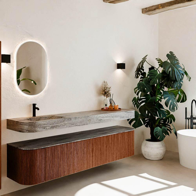 MONDIAZ THOR-DLUX 200cm meuble de salle de bains arrondi gauche + droite couleur Ruby avec 2 tiroirs et 2 portes. Vasque suspendue CLOUD Gauche 1 trou de robinet couleur Oza.