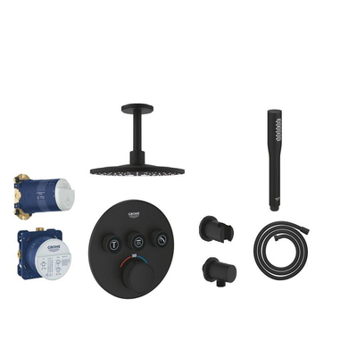 Grohe Grohtherm SmartControl Regendoucheset - inbouwbox - 3 wegs omstel - hoofddouche rond - plafondarm - handdouchehouder - staafhanddouche - phantom black (zwart)