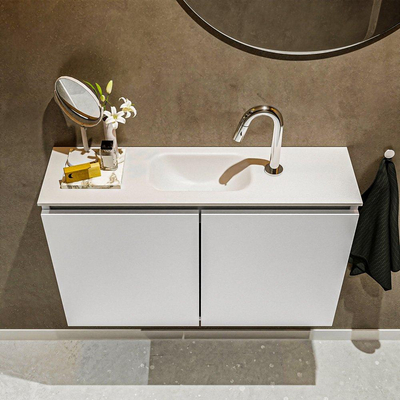 MONDIAZ TURE Fonteinset - 80x23x50cm - 1 kraangat - 2 deuren - talc mat - Wasbak midden - Solid Surface Wit