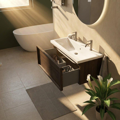 Saniclass Holz Frame Ensemble meuble de salle de bains - 100x45x43.5cm - Lavabo en céramique Bari blanc - 1 vasque - 2 trous de robinetterie - 1 tiroir - chêne charcoal mat (bois)