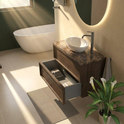 Saniclass Holz Frame Ensemble meuble de salle de bains - 100x45x63cm - Plan de travail en pierre naturelle Noche dark emperador - 1 trou de robinet - 2 tiroirs - chêne charcoal mat (bois)
