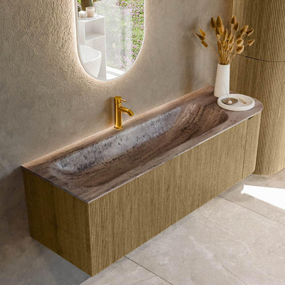 MONDIAZ KURVE-DLUX Meuble de salle de bains 145cm arrondi à droite couleur Dusk avec 1 tiroir et 1 porte. Lavabo BIG LARGE à gauche 1 trou de robinet Oza.