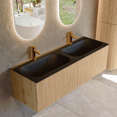 MONDIAZ KURVE 140cm badmeubel kleur Oak met 2 lades. Wastafel BIG SMALL dubbel 2 kraangaten Urban.