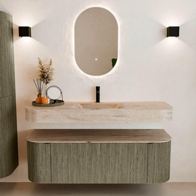 MONDIAZ THOR-DLUX 140cm meuble de salle de bains arrondi gauche + droite couleur Shadow avec 1 tiroir et 2 portes. Vasque suspendue CLOUD Milieu 1 trou de robinet couleur Saba.