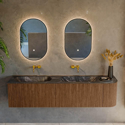 MONDIAZ KURVE-DLUX 175cm Meuble salle de bain avec module 25 D - couleur Walnut - 2 tiroirs - 1 porte - vasque STOR SMALL double / gauche - sans trou de robinet - couleur Lava