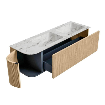 MONDIAZ KURVE-DLUX meuble de salle de bains 145 cm avec module 25 L couleur Chêne avec 1 tiroir et 1 porte. Lavabo LEAF double / droite sans trou de robinet couleur Glace.