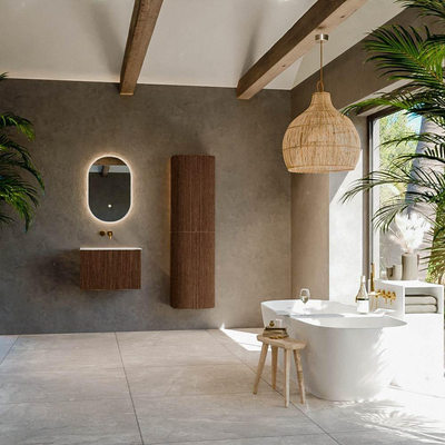 MONDIAZ KURVE-DLUX 60cm Meuble salle de bain - couleur Walnut - 1 tiroir - vasque CLOUD centre - sans trou de robinet - couleur Opalo