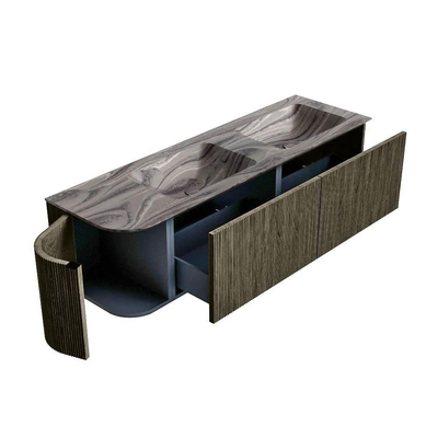 MONDIAZ KURVE-DLUX Meuble de salle de bains 155cm arrondi à gauche couleur Shadow avec 2 tiroirs et 1 porte. Lavabo LEAF Double / Droite sans trou de robinet Sombra.