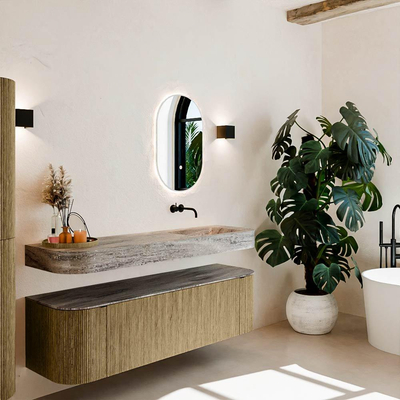 MONDIAZ THOR-DLUX 160cm meuble de salle de bains arrondi gauche + droite couleur Dusk avec 1 tiroir et 2 portes. Vasque suspendue CLOUD Droite sans trou de robinet couleur Oza.