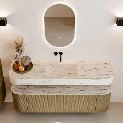 MONDIAZ THOR-DLUX 160cm meuble de salle de bains arrondi gauche + droite couleur Dusk avec 1 tiroir et 2 portes. Vasque suspendue CLOUD Milieu sans trou de robinet couleur Nata.