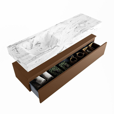 Mondiaz ALAN-DLUX Ensemble de meuble - 150cm - meuble Rust mat - 1 tiroir - Lavabo Cloud Glace suspendu - vasque Gauche - 1 trou de robinet