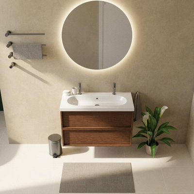 Saniclass Holz Frame Ensemble meuble de salle de bains - 100x45x63.5cm - lavabo en céramique Palermo blanc - 1 vasque - 2 trous de robinet - 2 tiroirs - noyer pure mat (bois)