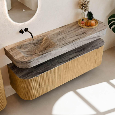 MONDIAZ THOR-DLUX 160cm badmeubel ronding links + rechts kleur Oak met 1 lade en 2 deuren. Vrijhangende wastafel CLOUD Links zonder kraangat kleur Oza.