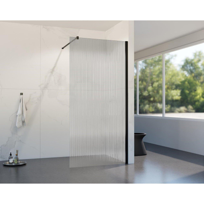 FugaFlow Eccelente Vetro inloopdouche badkamer - 30x200cm - ribbelglas - wandarm - mat zwart