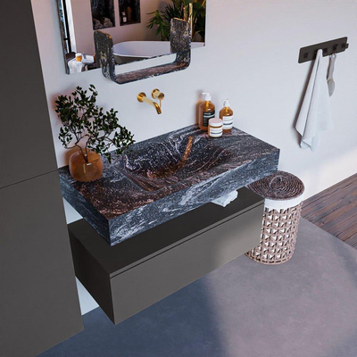 Mondiaz ALAN-DLUX Ensemble de meuble - 90cm - meuble Dark grey mat - 1 tiroir - Lavabo Cloud Lava suspendu - vasque Centre - 0 trous de robinet