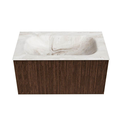 MONDIAZ KURVE-DLUX Meuble de salle de bains 80 cm couleur Walnut avec 1 tiroir. Lavabo BIG SMALL central sans trou de robinet couleur Frappe.