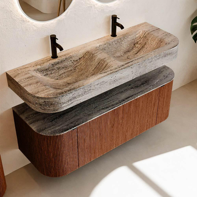 MONDIAZ THOR-DLUX 130cm meuble de salle de bains arrondi gauche + droite couleur Ruby avec 1 tiroir et 2 portes. Vasque suspendue CLOUD Double 2 trous de robinet couleur Oza.