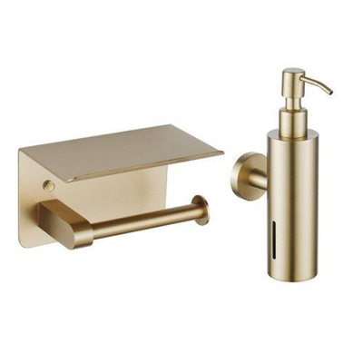 Fortifura Calvi toilet accessoireset - zeepdispenser - toiletrolhouder - met plateau - messing geborsteld (goud)