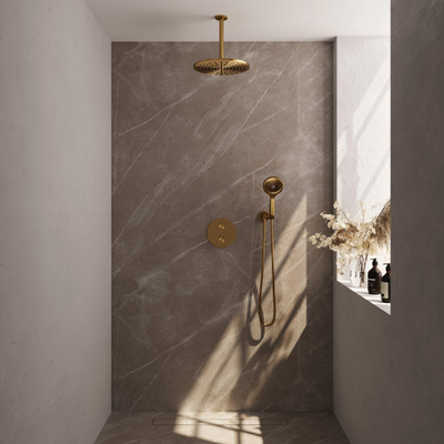 BRAUER Gold Carving douche de pluie encastrée thermostatique - 3 voies - ronde - set 84 - pomme de douche 30cm - bras de plafond - douchette 3 jets - flexible de douche - coude de raccordement mural - or brossé PVD