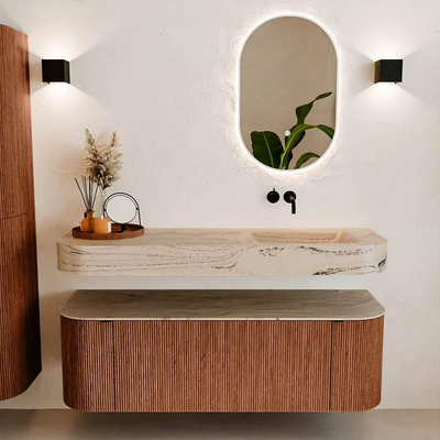 MONDIAZ THOR-DLUX 140cm meuble de salle de bains arrondi gauche + droite couleur Ruby avec 1 tiroir et 2 portes. Vasque suspendue CLOUD droite sans trou de robinet couleur Arena.