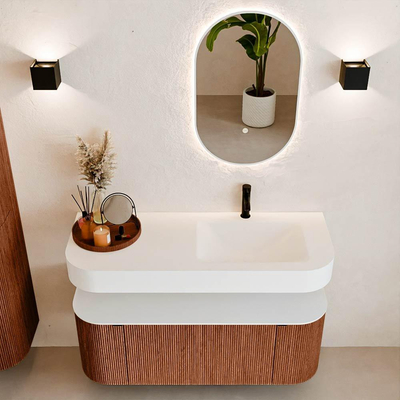 MONDIAZ THOR 120cm meuble de salle de bains arrondi gauche + droite couleur Ruby avec 1 tiroir et 2 portes. Vasque suspendue CLOUD Droite 1 trou de robinet couleur Talc.