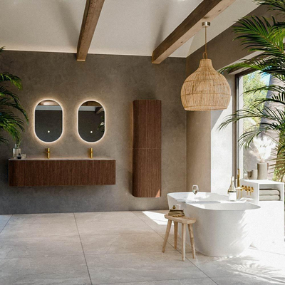 MONDIAZ KURVE-DLUX 165cm meuble de salle de bains arrondi gauche couleur Walnut avec 2 tiroirs et 1 porte. Lavabo STOR SMALL Double / Droite 2 trous de robinet Sombra.