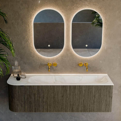 Mondiaz KURVE-DLUX Ensemble de meuble de salle de bains - 145x46x40cm - 1 tiroir - 1 porte - lavabo solid surface - droit - sans trou de robinet - Shadow