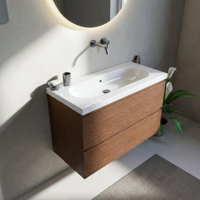 Saniclass Holz Pure Ensemble de meuble de salle de bains - 100x45x63.5cm - lavabo en céramique Palermo blanc - 1 vasque - sans trou de robinet - 2 tiroirs - walnut pure mat (bois)