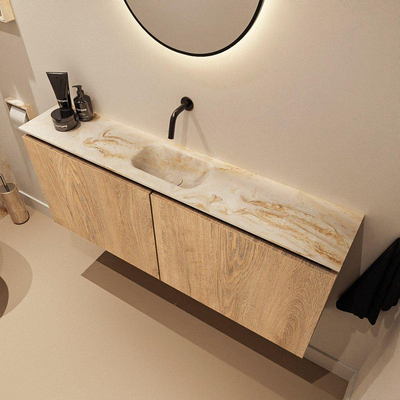 MONDIAZ TURE-DLUX 120cm meuble WC Washed Oak. Lavabo EDEN Frappe position milieu. Sans trou de robinet.
