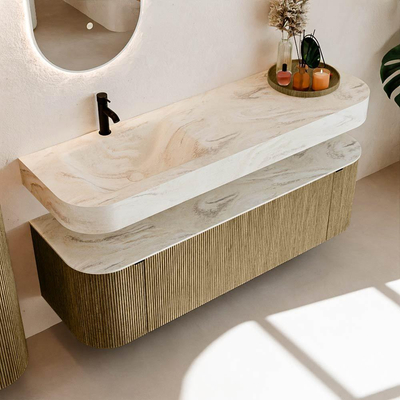 MONDIAZ THOR-DLUX 150cm meuble de salle de bains arrondi gauche + droite couleur Dusk avec 1 tiroir et 2 portes. Vasque suspendue CLOUD Gauche 1 trou de robinet couleur Ostra.