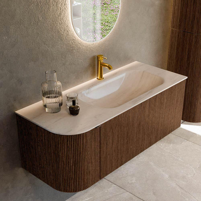 MONDIAZ KURVE-DLUX 115cm badmeubel ronding Links kleur Walnut met 1 lade en 1 deur. Wastafel BIG SMALL Rechts 1 kraangat Meli.