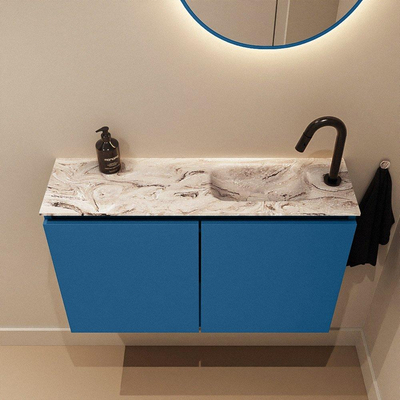 MONDIAZ TURE-DLUX Meuble de toilettes 80cm Jeans. EDEN lavabo Glace position droite. Avec 1 trou de robinet.