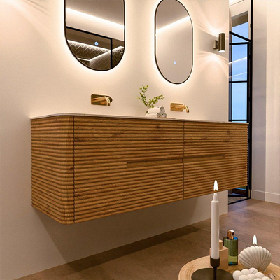 Mondiaz CIRO-DLUX Meuble de salle de bains - 160x45x50cm - Plan-vasque solid surface Nata - 2 lavabos Double - sans trous pour robinet - 4 tiroirs - Chêne