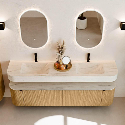 MONDIAZ THOR-DLUX 190cm meuble de salle de bains arrondi gauche + droite couleur Oak avec 2 tiroirs et 2 portes. Vasque suspendue CLOUD Double 2 trous de robinet couleur Meli.