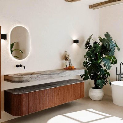 MONDIAZ THOR-DLUX 200cm meuble de salle de bains arrondi gauche + droite couleur Ruby avec 2 tiroirs et 2 portes. Vasque suspendue CLOUD Gauche sans trou de robinet couleur Sombra.