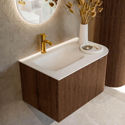 MONDIAZ KURVE 75cm badmeubel met module 25 R kleur Walnut met 1 lade en 1 deur. Wastafel GRUNNE links 1 kraangat Talc.
