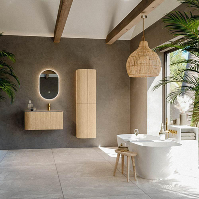 MONDIAZ KURVE-DLUX 85cm badmeubel ronding Links kleur Oak met 1 lade en 1 deur. Wastafel CLOUD Rechts 1 kraangat Oza.