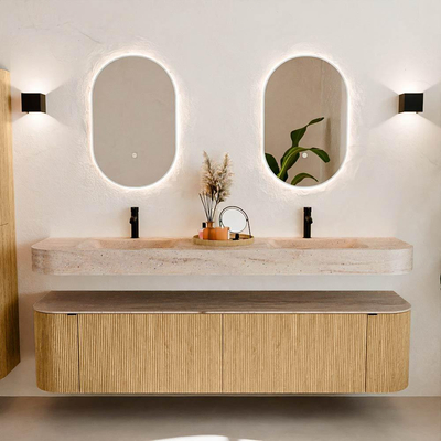 MONDIAZ THOR-DLUX Meuble de salle de bains 190cm arrondi gauche + droite couleur Oak avec 2 tiroirs et 2 portes. Vasque suspendue CLOUD Double 2 trous de robinet couleur Saba.