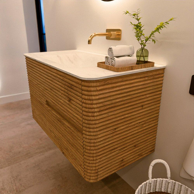 Mondiaz CIRO-DLUX Badkamermeubelset - 90x45x50cm - Solid surface wastafel Opalo - 1 wasbak Midden - zonder kraangaten - 2 lades - Oak