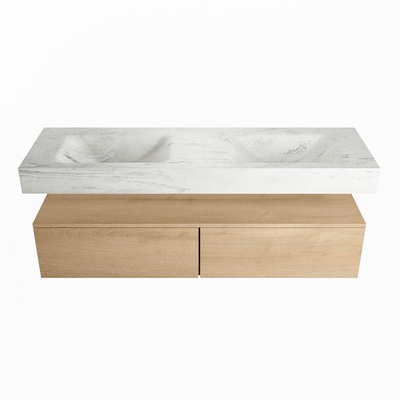 Mondiaz ALAN-DLUX Ensemble de meuble - 150cm - meuble Washed Oak mat - 2 tiroirs - Lavabo Cloud Opalo suspendu - vasque Gauche et droite - 2 trous de robinet