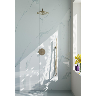 Fortifura Calvi Inbouw Regendoucheset - rond - thermostatisch - wandarm - 25cm hoofddouche - staaf handdouche - gladde slang - Geborsteld Messing PVD (Goud)