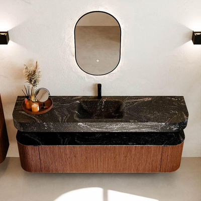 MONDIAZ THOR-DLUX 180cm meuble de salle de bains arrondi gauche + droite couleur Ruby avec 2 tiroirs et 2 portes. Vasque suspendue CLOUD Milieu 1 trou de robinet couleur Lava.