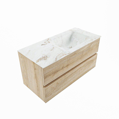 Mondiaz VICA-DLUX Ensemble de meuble de salle de bain - 100cm - meuble sous-vasque chêne blanchi - 2 tiroirs - lavabo encastré cloud droite - 1 trou de robinet - version haute de 60cm - frape