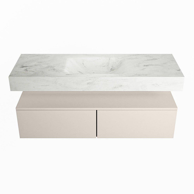 Mondiaz ALAN-DLUX Ensemble de meuble - 130cm - meuble Linen mat - 2 tiroirs - Lavabo Cloud Opalo suspendu - vasque Centre - 0 trous de robinet