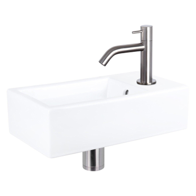Differnz Force kit lave-mains - 40x22x11.5cm - Rectangulaire - 1 trou de robinet - Robinet courbé en chrome mat - Céramique blanche